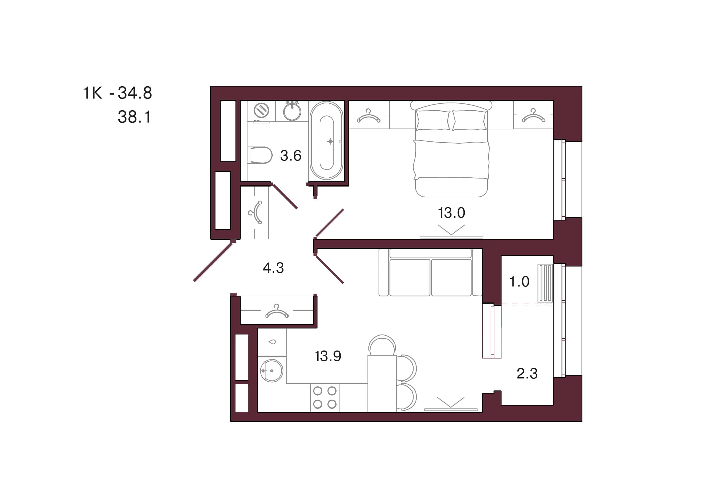 Планировка: 1-комн., 38.1 м²
