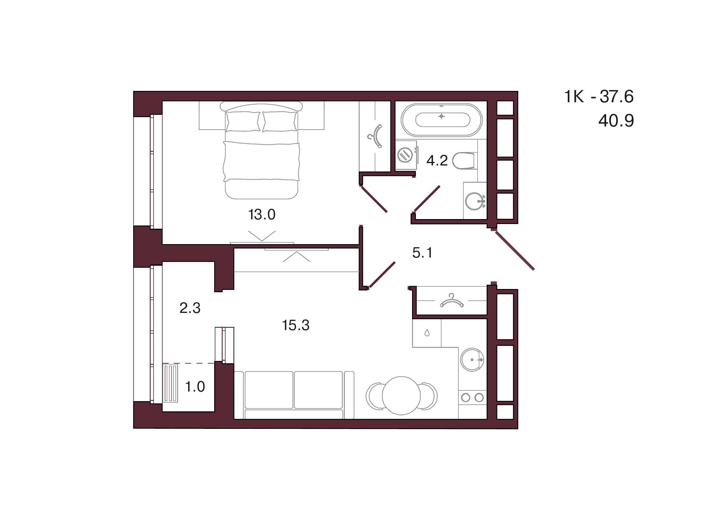 Планировка: 1-комн., 40.9 м²
