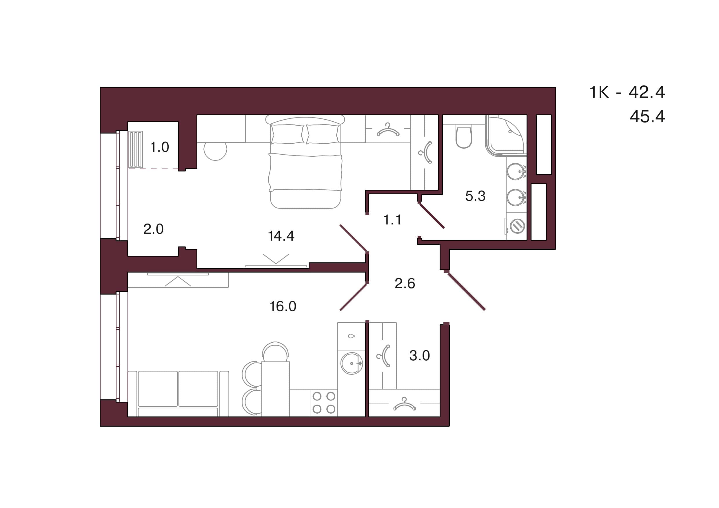 Планировка: 2-комн., 45.4 м²