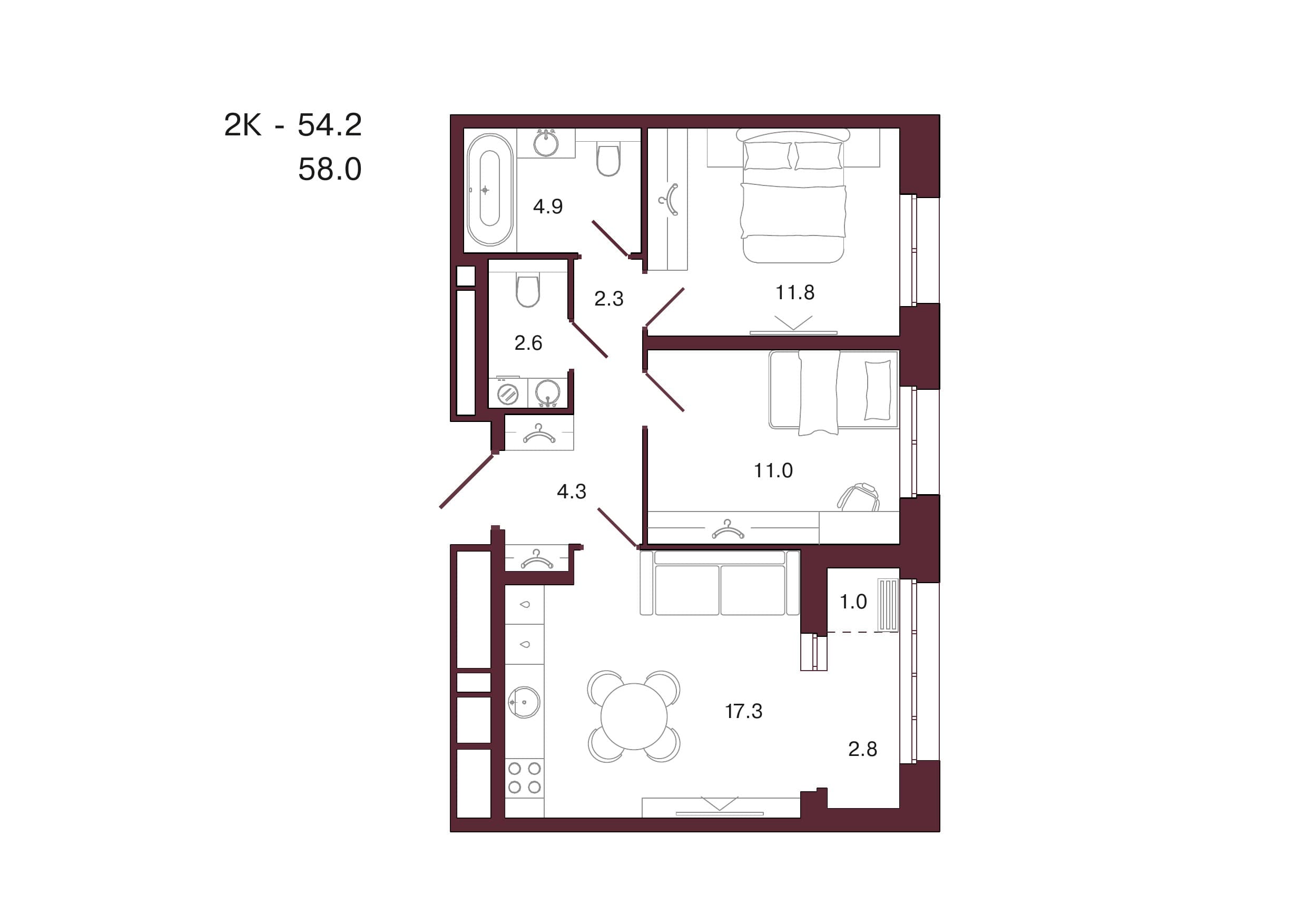 Планировка: 2-комн., 58 м²